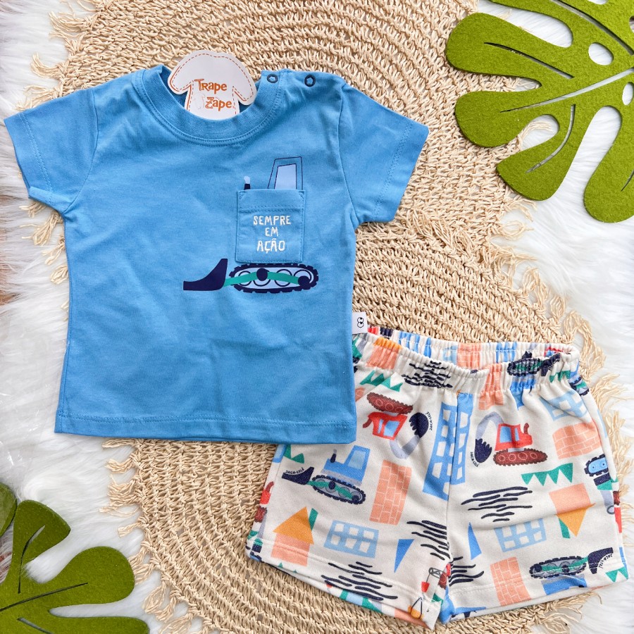 Conj. Camiseta Sempre em Ação e Bermuda Tratores - Azul e Areia